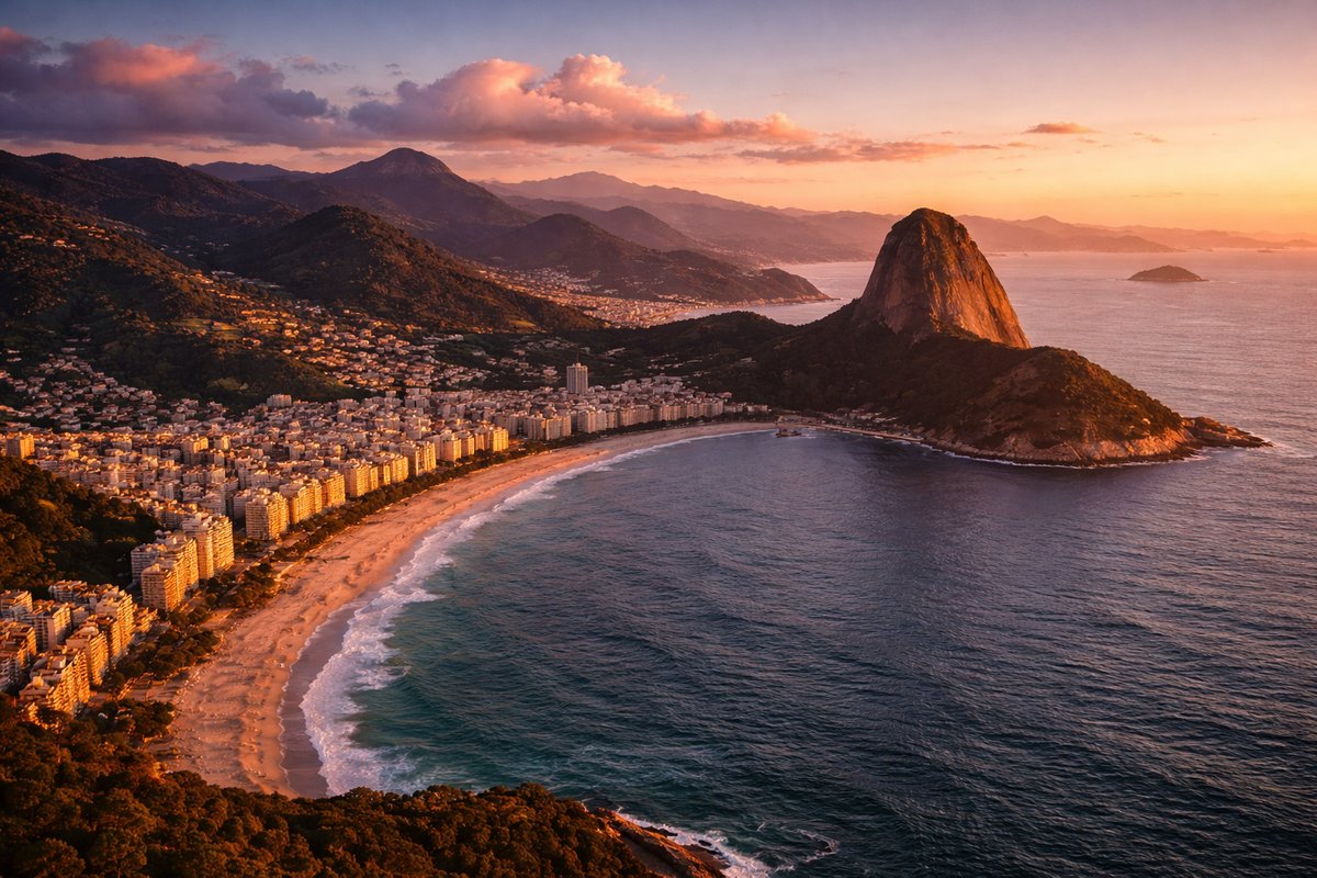 Rio de Janeiro at golden hour — granite peaks, beach crescent, Atlantic ocean
